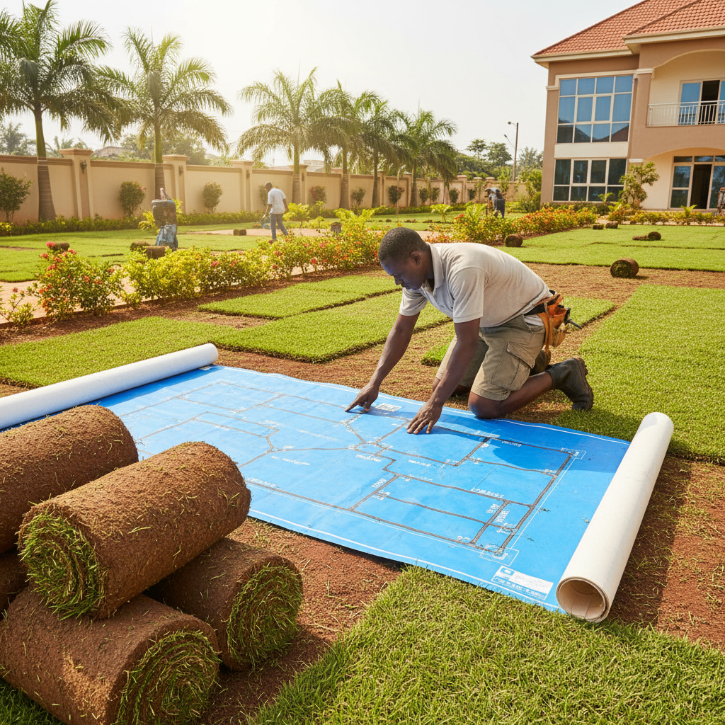 Turf technician selecting sod rolls and laying out irrigation map on Lagos compound