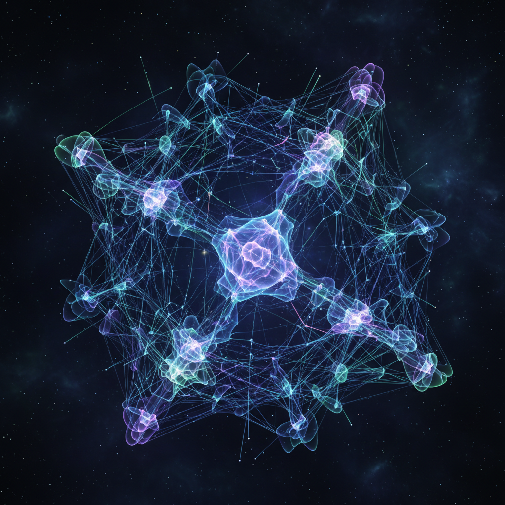 Abstract dark network visualization with deep black background, faint blue-purple nodes and connections