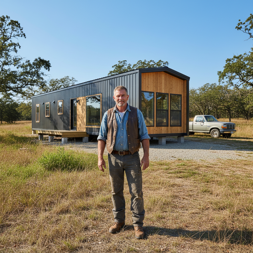 Landowner Marcus Thibodeau in front of his modular home on rural Missouri acreage