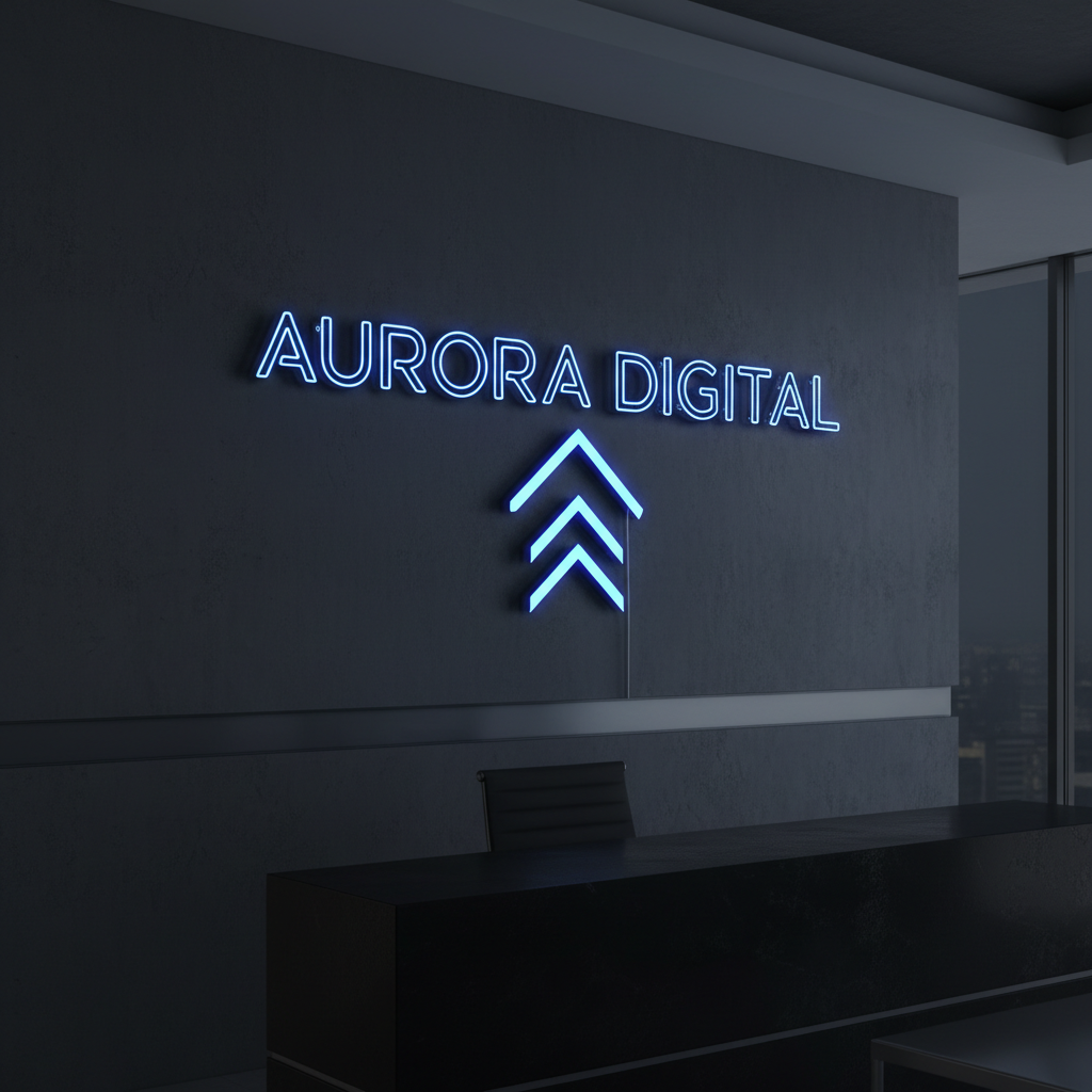 Corporate neon logo sign glowing blue in dark modern office reception area
