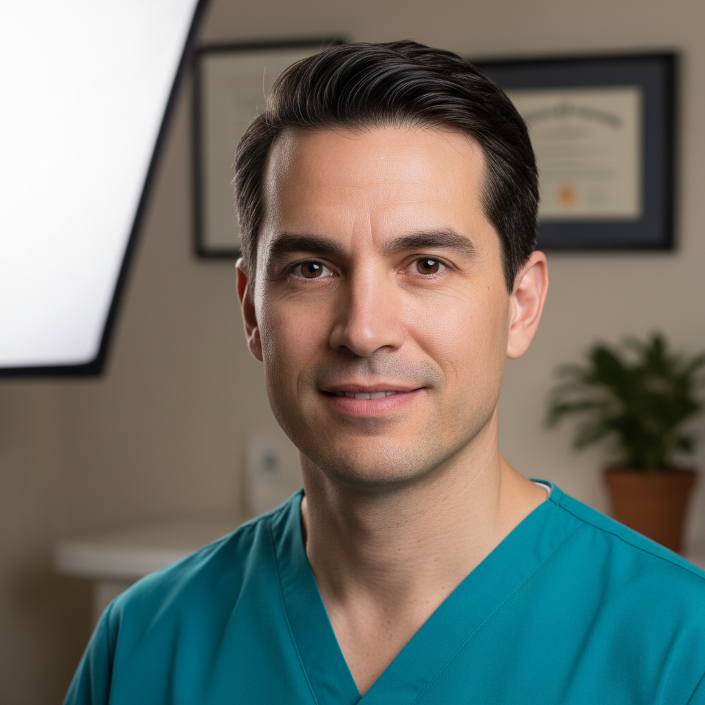 Professional portrait of male skincare specialist, professional attire, dark studio