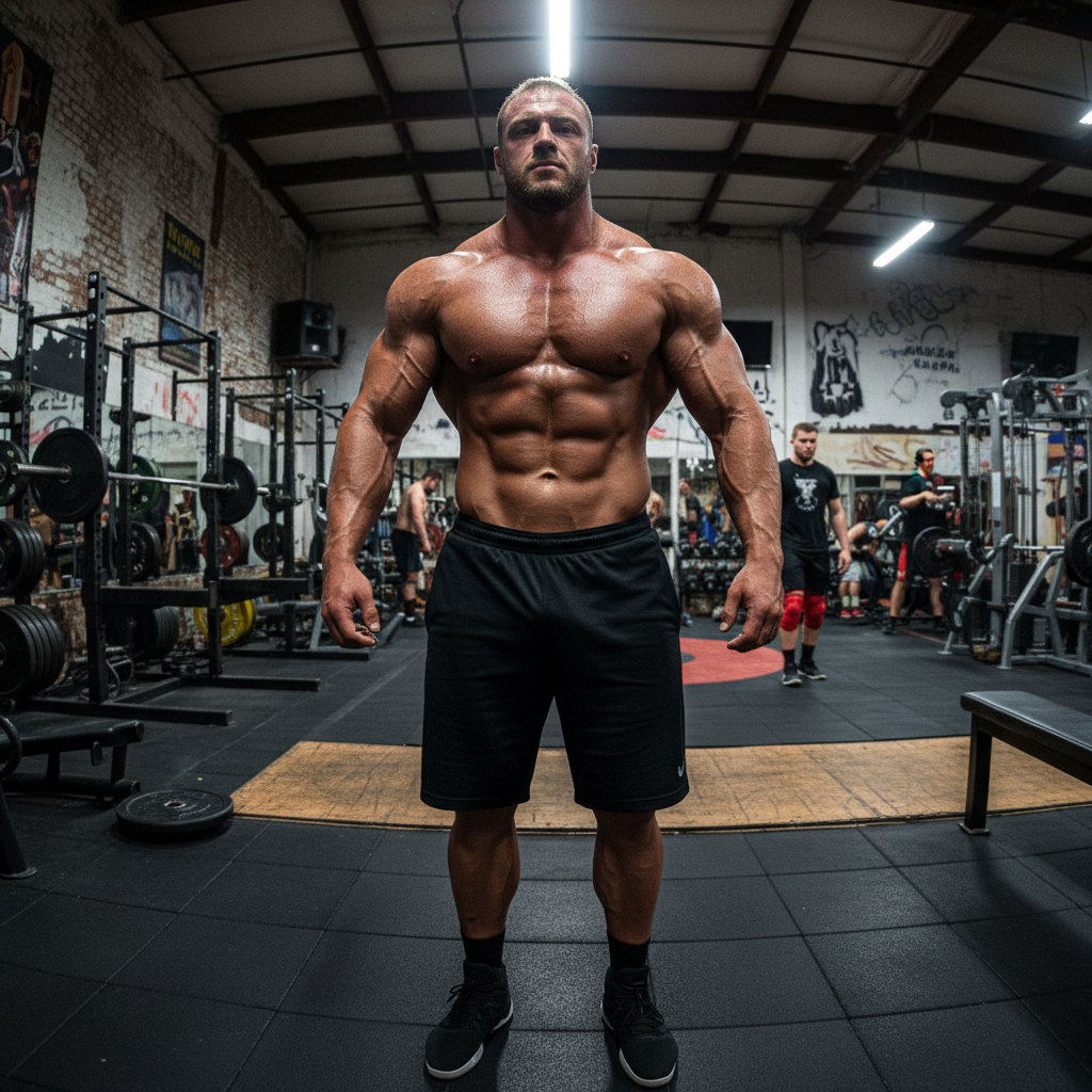 Large muscular male athlete in gym, heavyweight wrestler physique