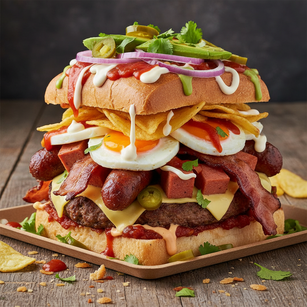 Loaded kota with multiple layers of chips, meat and sauce in dim moody lighting with deep shadows