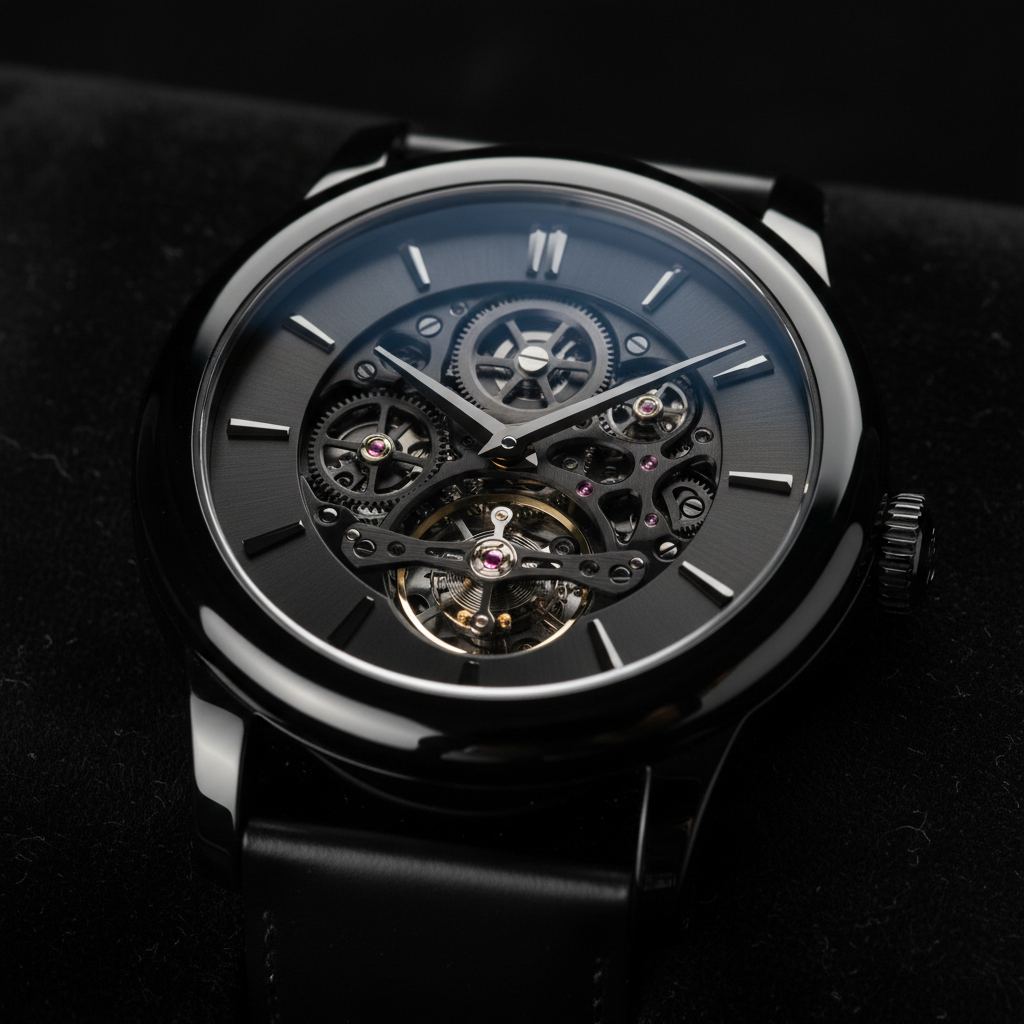 Skeleton tourbillon watch with sapphire case, visible movement, dark atmospheric setting
