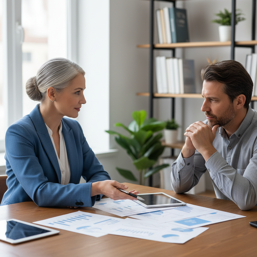Business recovery consultant having a calm, supportive conversation with a business owner about financial options