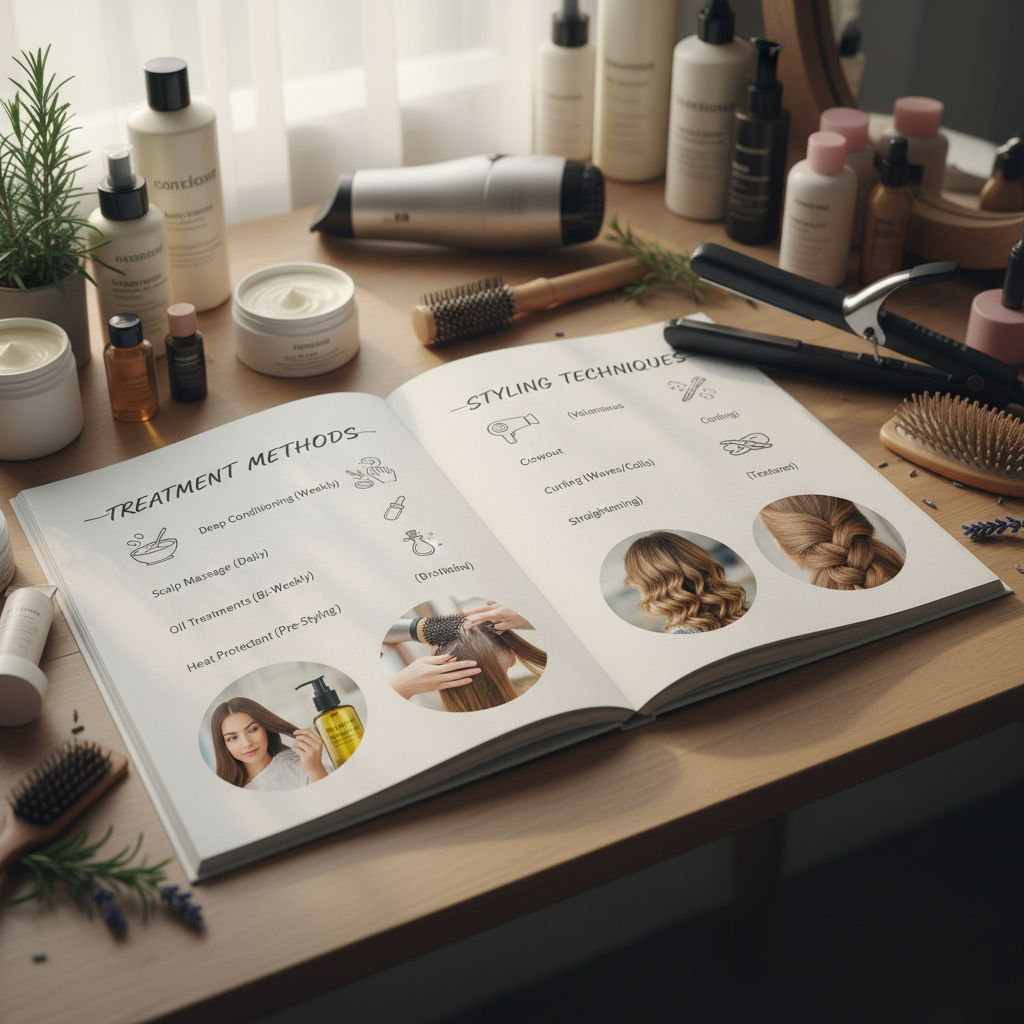 Hair care guide showing treatment methods and styling techniques