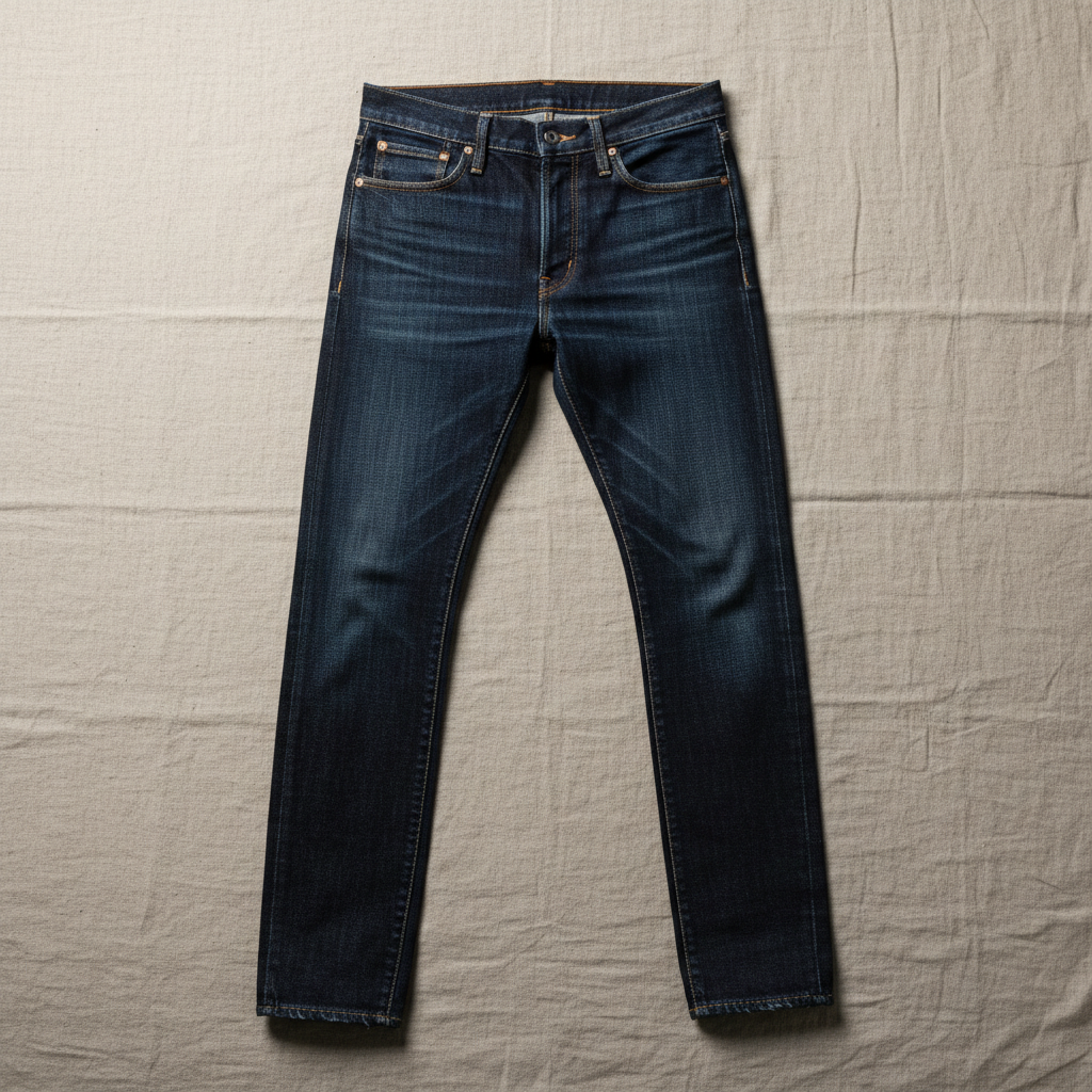 Dark blue denim slim fit jeans laid flat on wooden surface