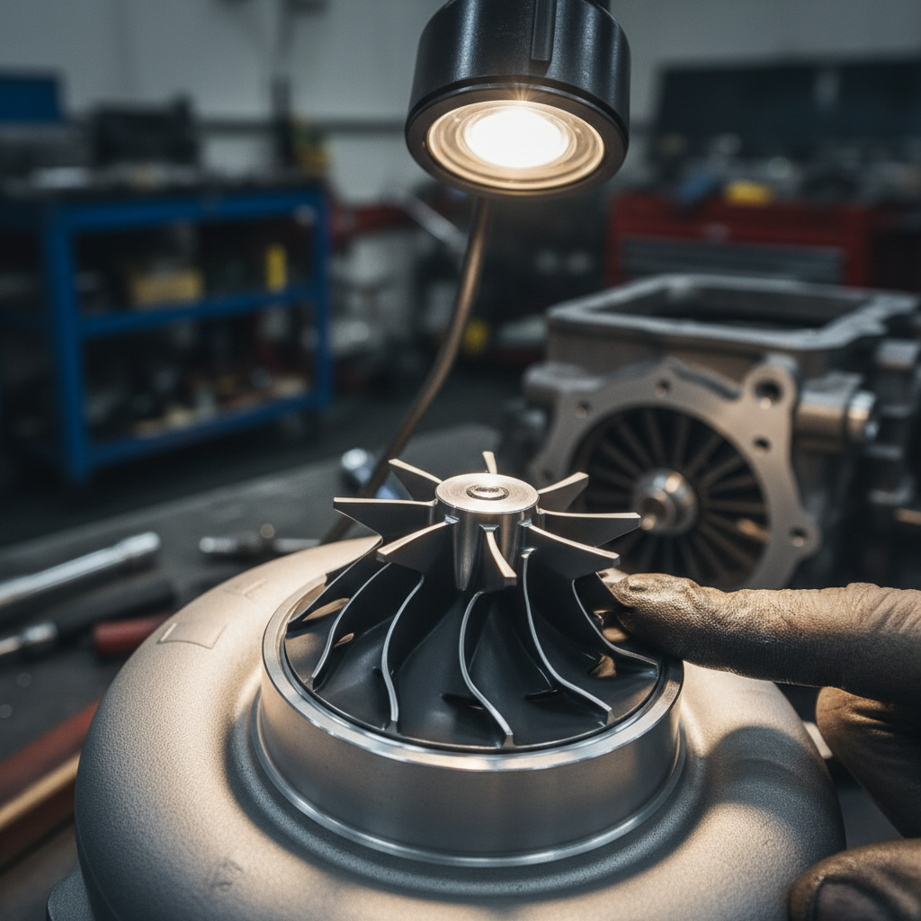 Turbocharger compressor wheel, machined aluminum, dark workshop lighting