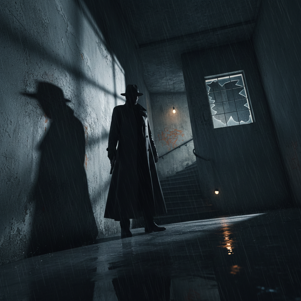 Mysterious figure in trench coat standing in foggy dark alley