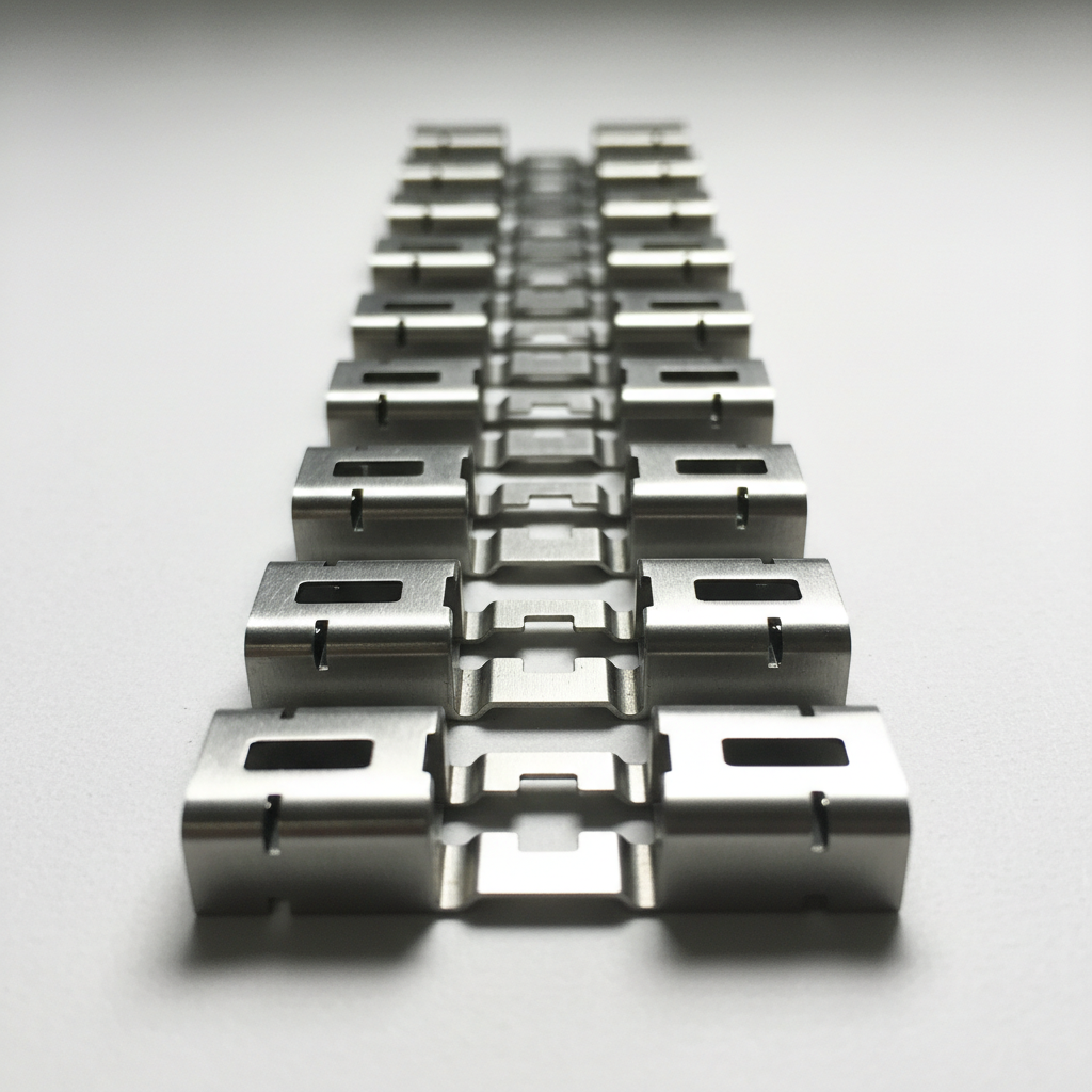 Electronic connector terminals stamped from stainless steel showing precise form geometry and consistent strip progression