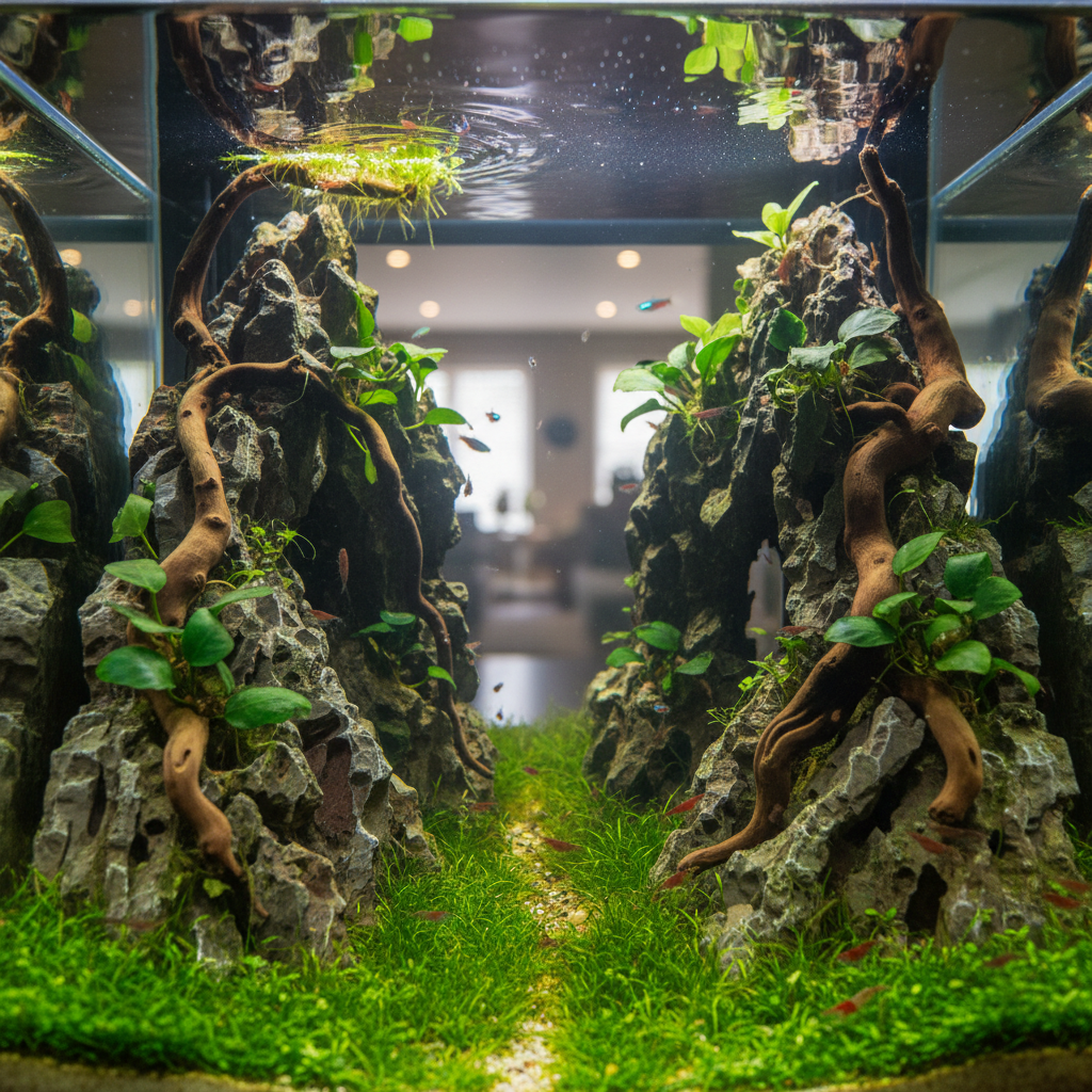 Seiryu stone arrangement in aquascape tank with green carpet plants
