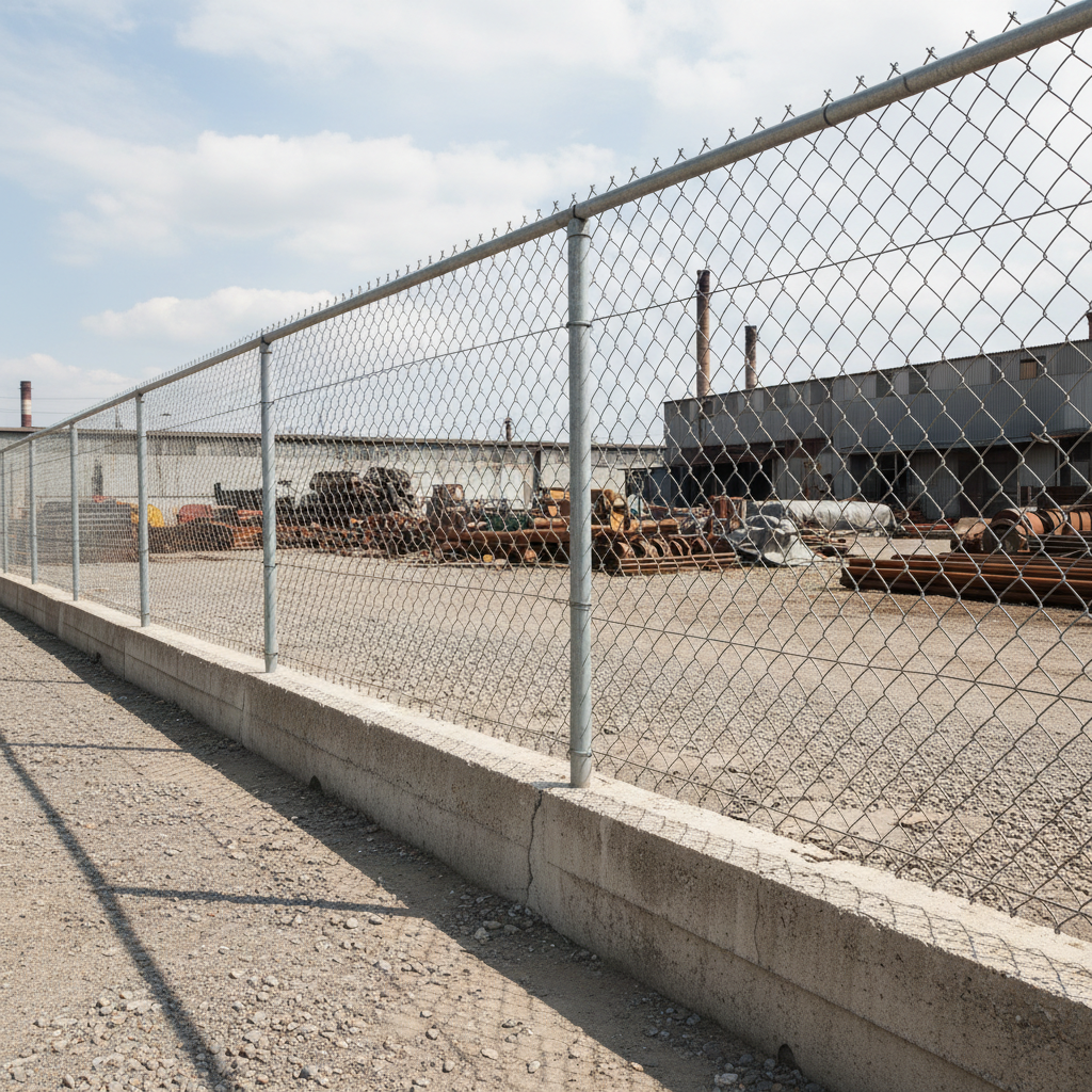 Galvanized chain link fence along industrial yard perimeter with concrete footings