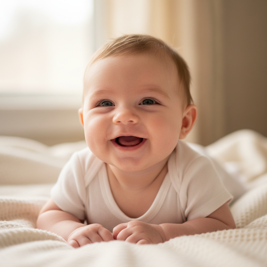 Baby during tummy time lifting head on a soft blanket