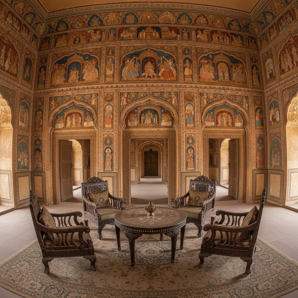 Heritage palace villa with traditional Rajasthani architecture and ornate courtyards in Udaipur