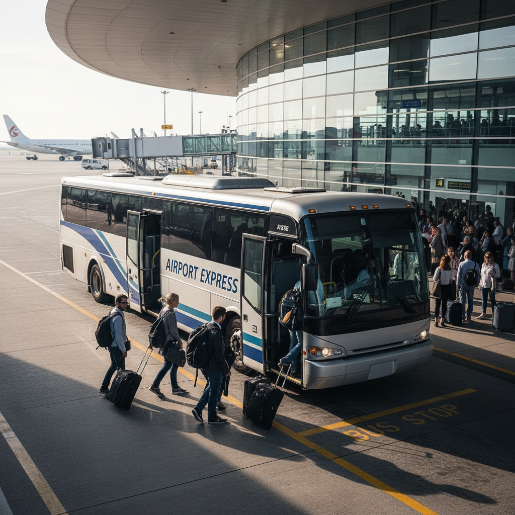 Airport shuttle bus service at terminal, charter bus for group airport transfers at DFW