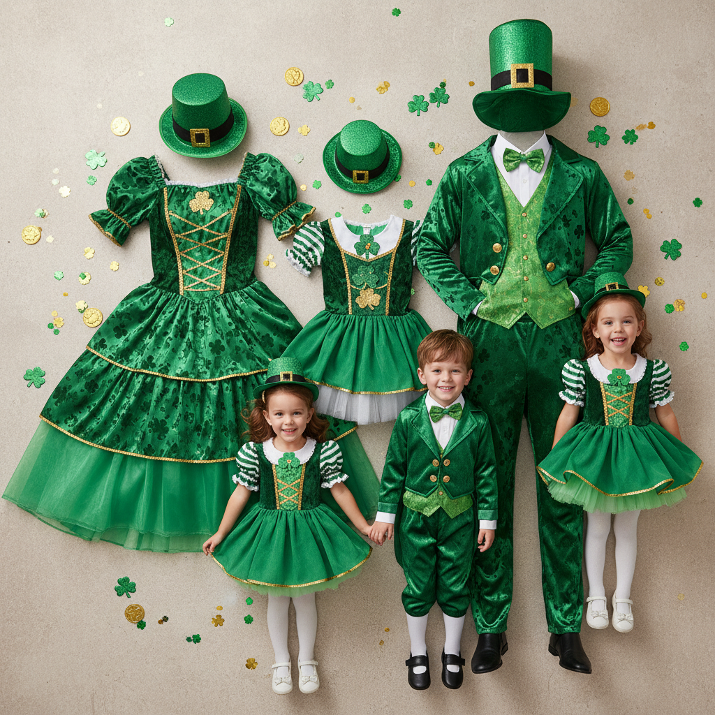 Family St. Patrick's Day bundle with adult and children matching green costumes