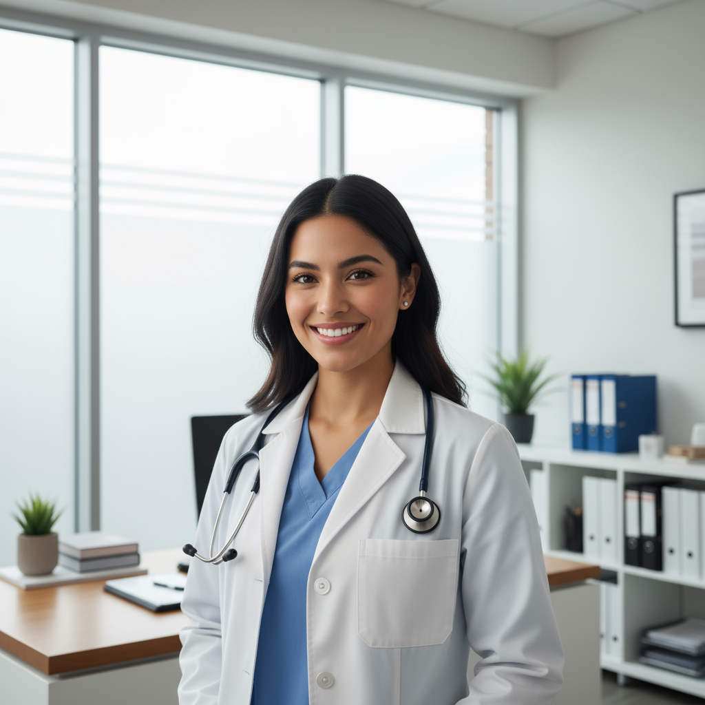 Professional woman with natural hair smiling warmly, medical professional setting, bright background