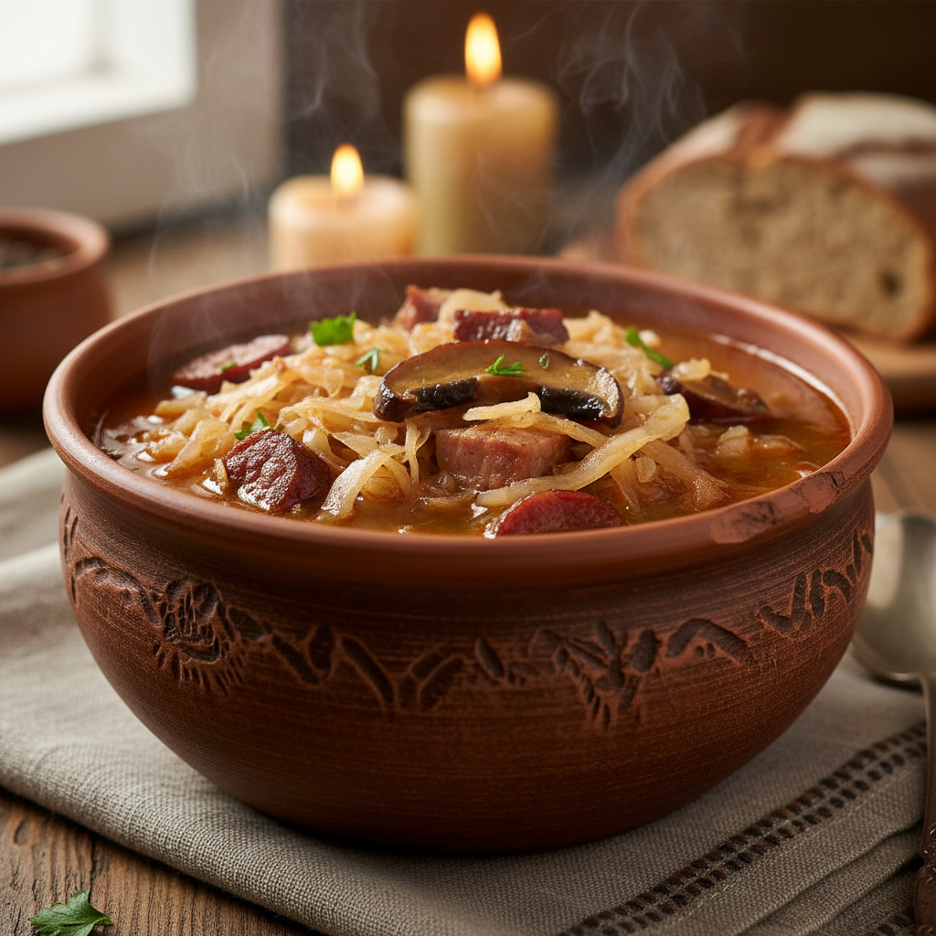 Deep clay bowl of kapustnica sauerkraut soup with visible mushrooms and smoked meat