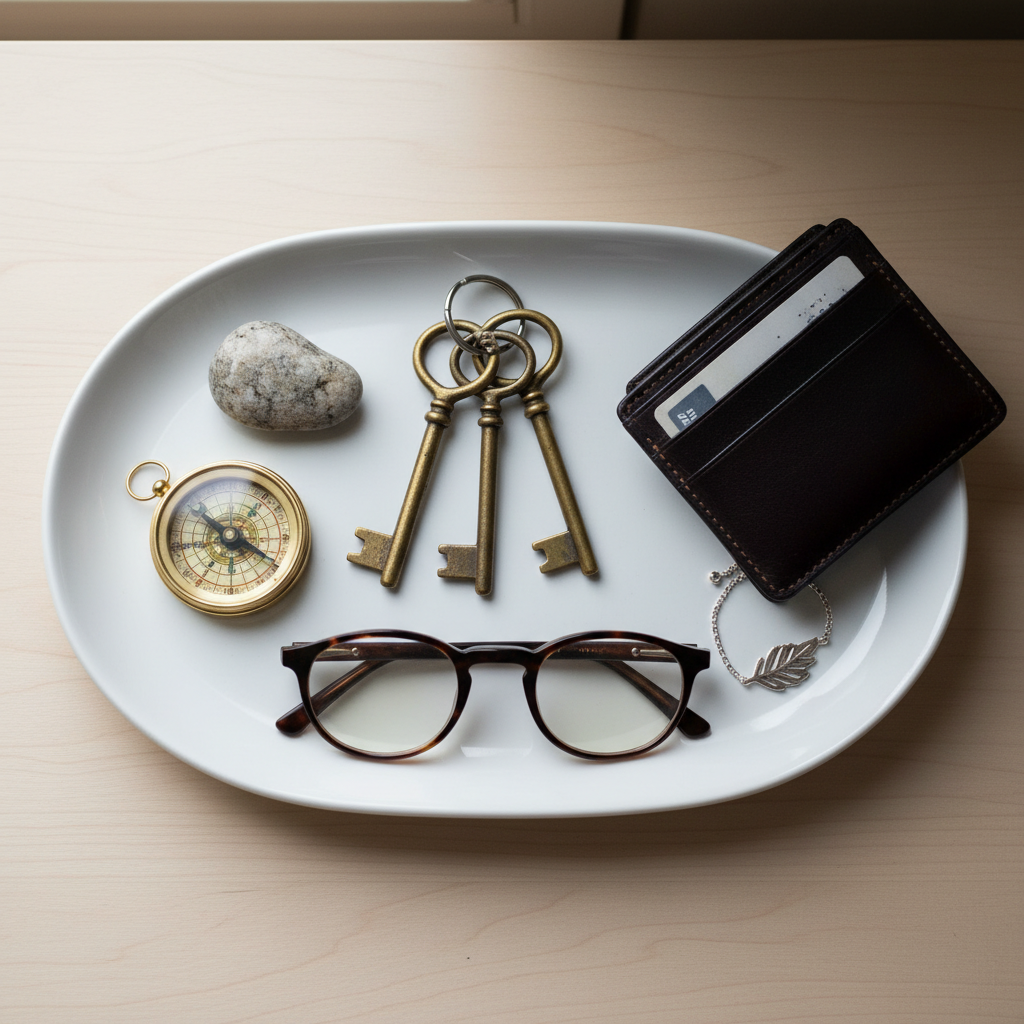 White ceramic tray holding keys and small items on table