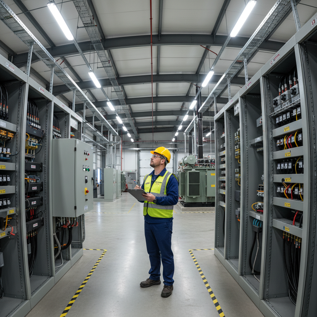 Network engineer conducting a physical site survey in a commercial office building
