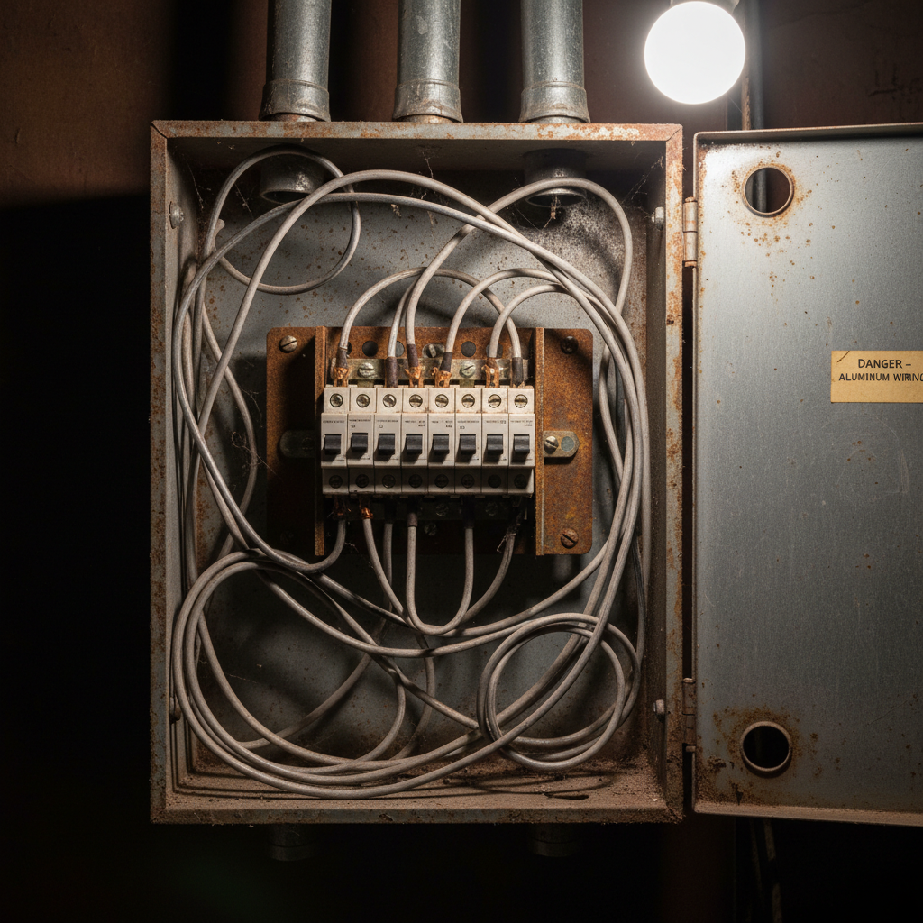 Close-up of old electrical panel with double-tapped breakers and aluminum wiring