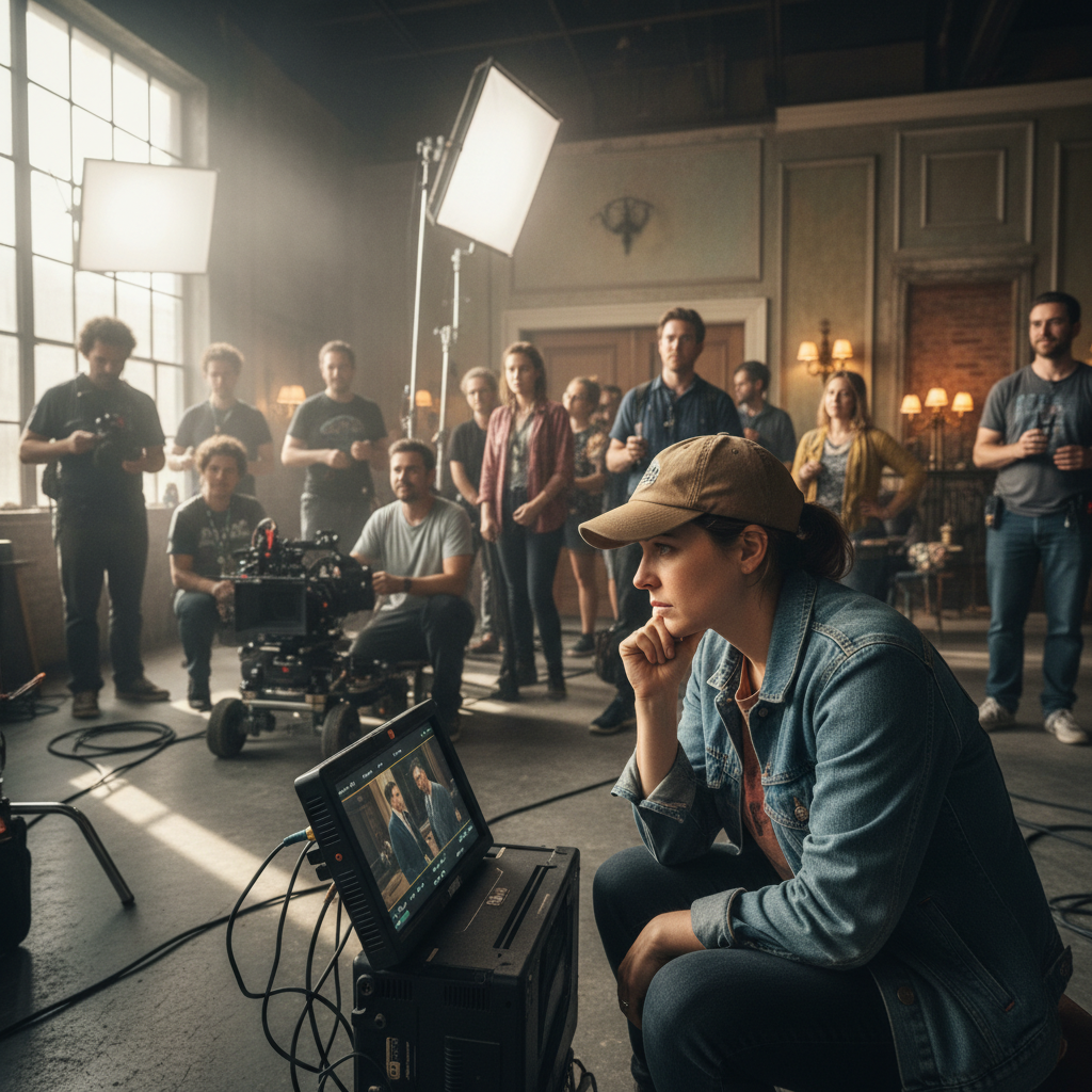 Behind-the-scenes shot of director reviewing playback monitor surrounded by film crew on location