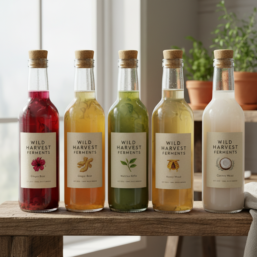 Artisan fermented beverages in glass bottles with cork stoppers on a wooden shelf