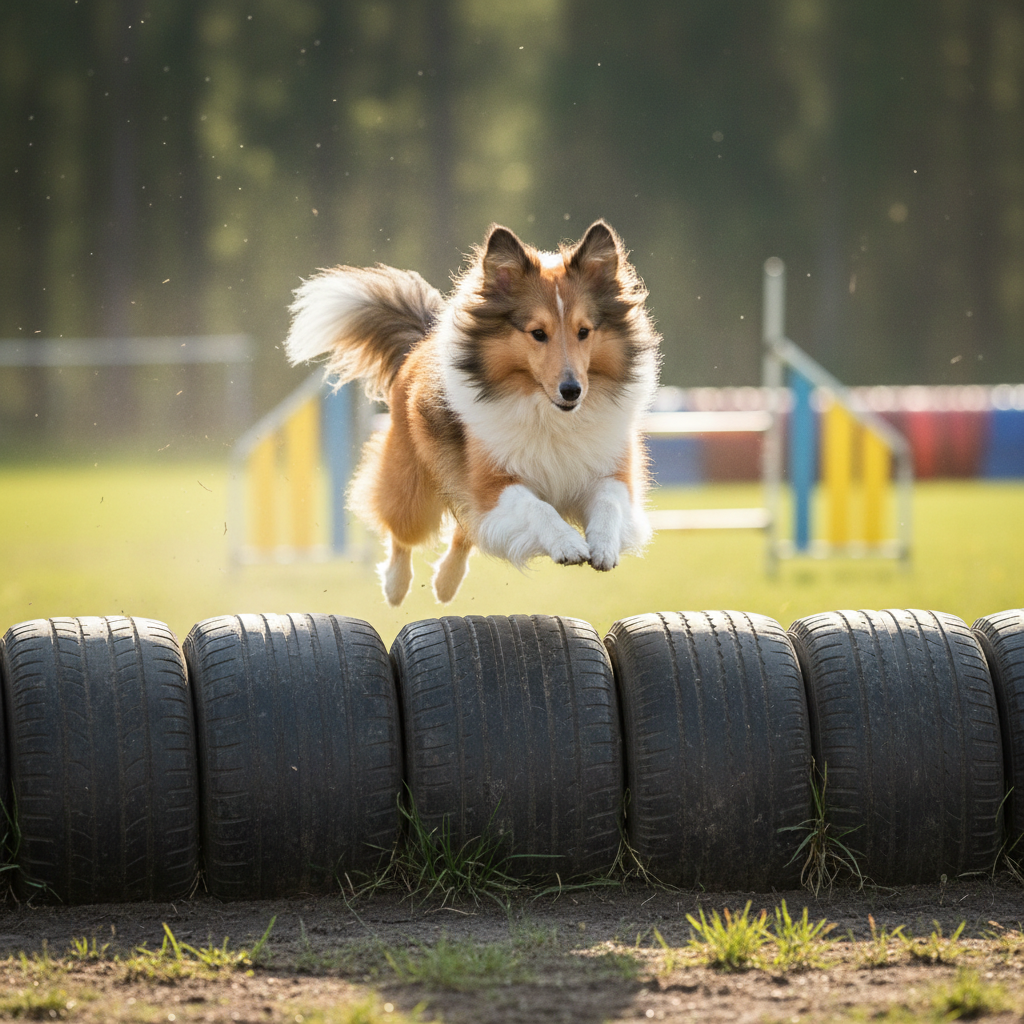 Shetland sheepdog mid-jump over a tire obstacle