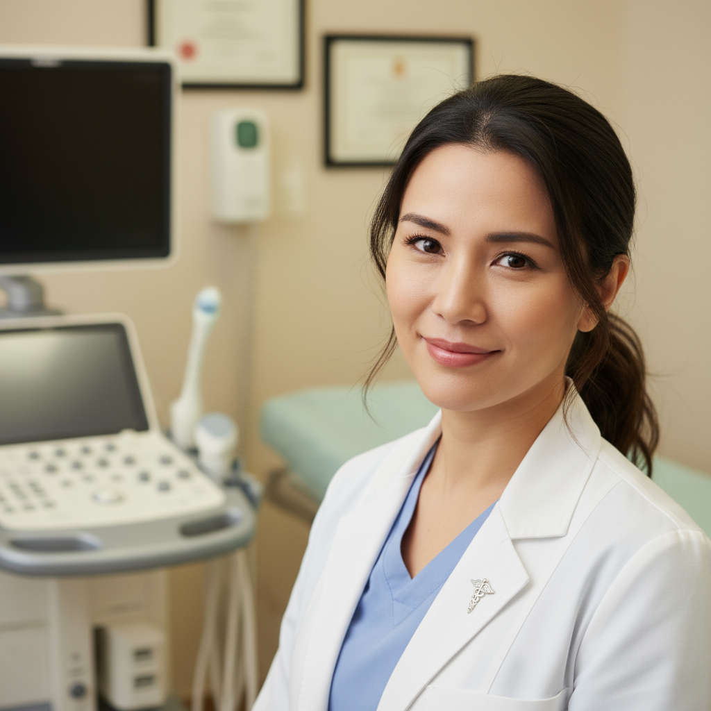 Female OB-GYN physician with compassionate expression, professional setting with soft light