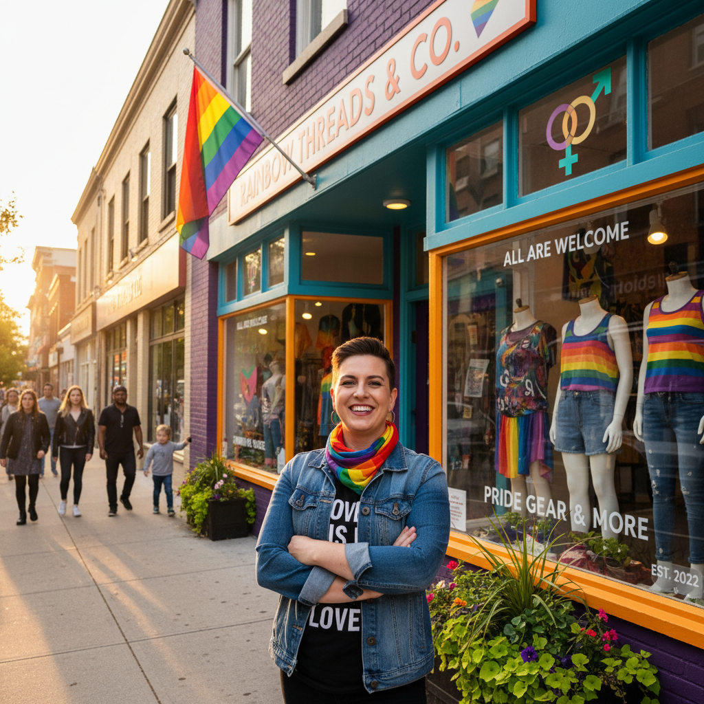 LGBTQ+ business owner smiling in front of their successful bar establishment
