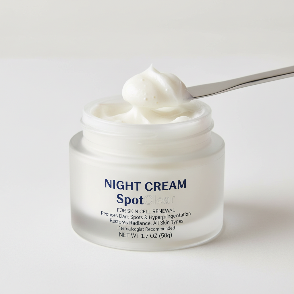 Premium night cream jar on white surface with soft atmospheric lighting editorial beauty styling