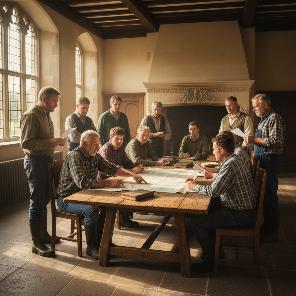 Farmers discussing land boundary dispute at council session