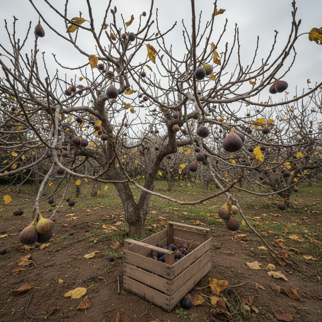 Last figs of the season on nearly bare branches in November light, a wooden crate partially filled on packed earth below