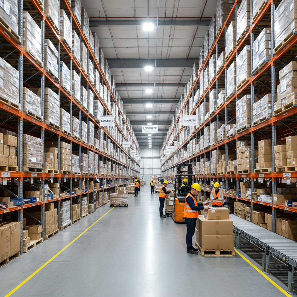 Logistics warehouse interior with organized shelves, bright clean lighting, spacious aisles