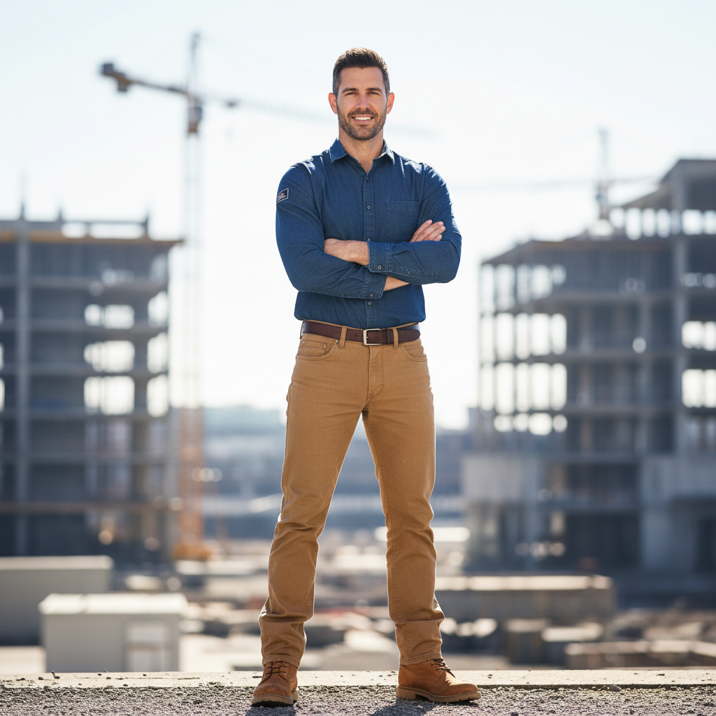 Professional inventor in work clothes at construction site, confident posture, outdoor setting, natural daylight