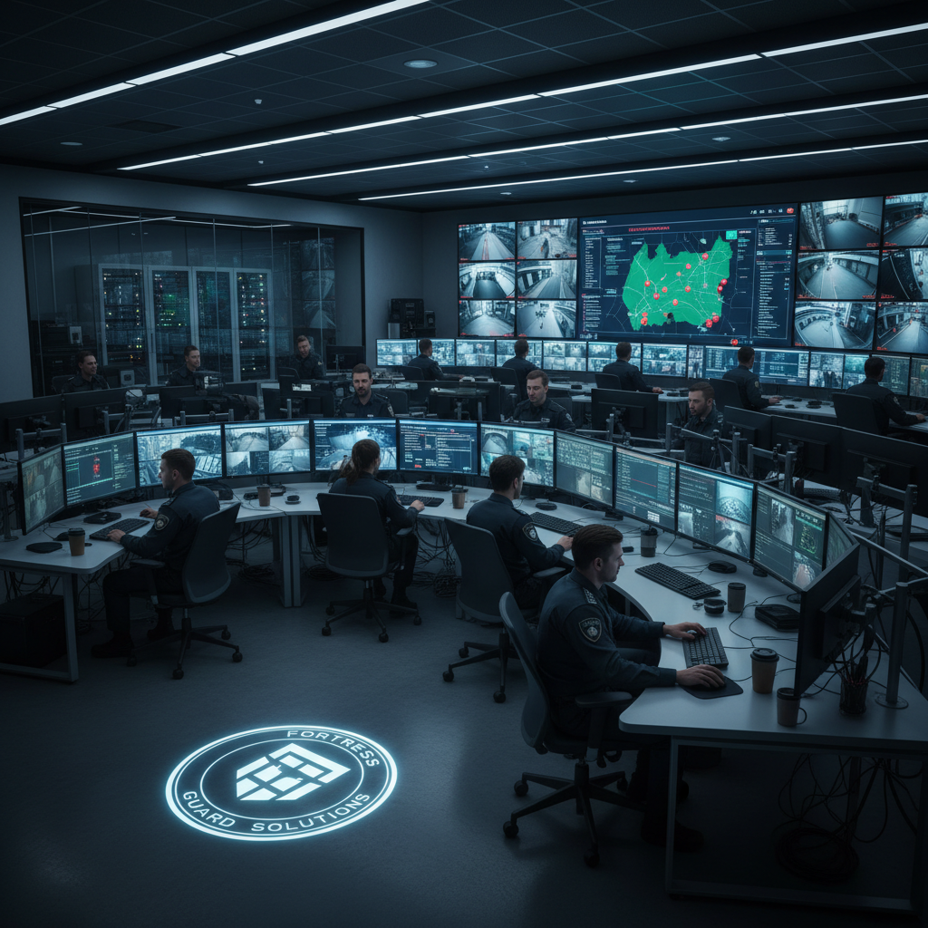 Security operations center with multiple monitors showing real-time data center surveillance feeds