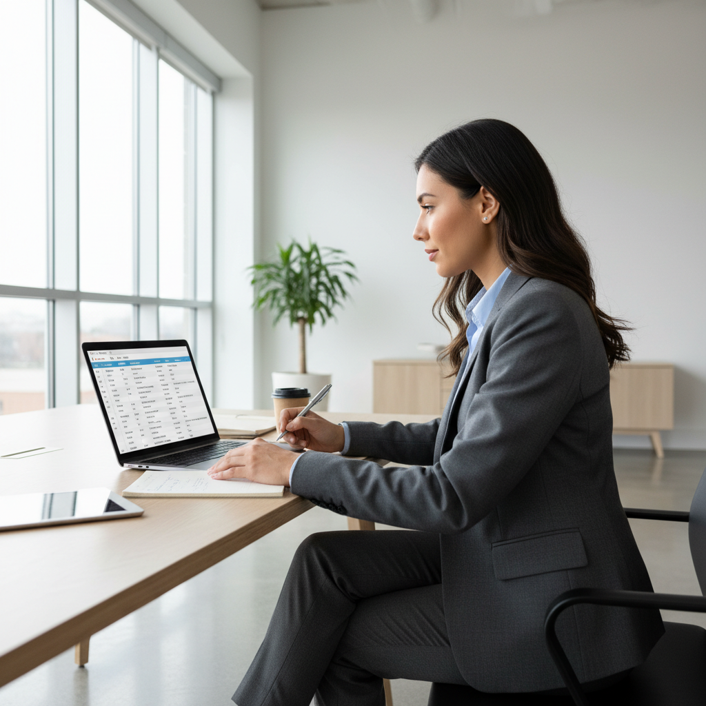 Professional corporate travel manager in suit reviewing itinerary on laptop, bright modern office, natural light, confident expression