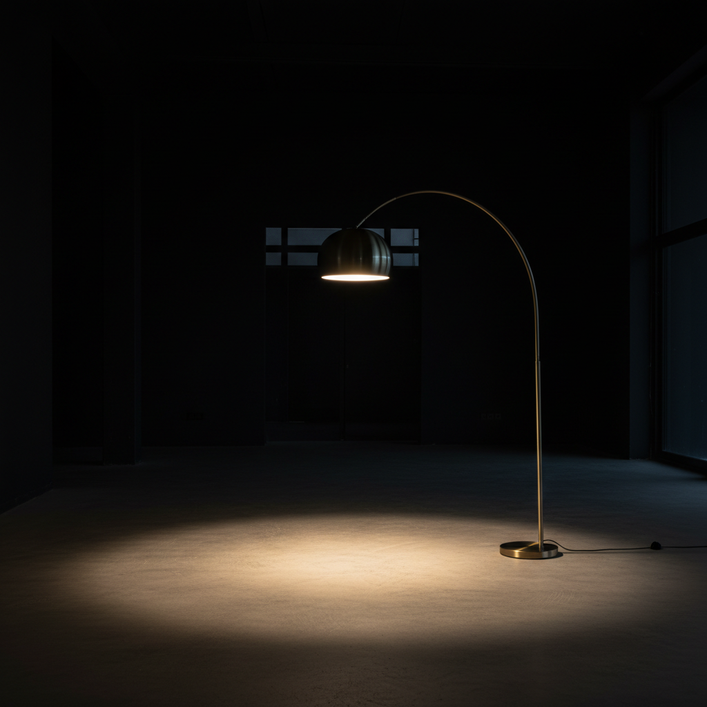 Tall sculptural arc floor lamp in aged brass with large dome shade casting warm ambient light in a dark-walled study