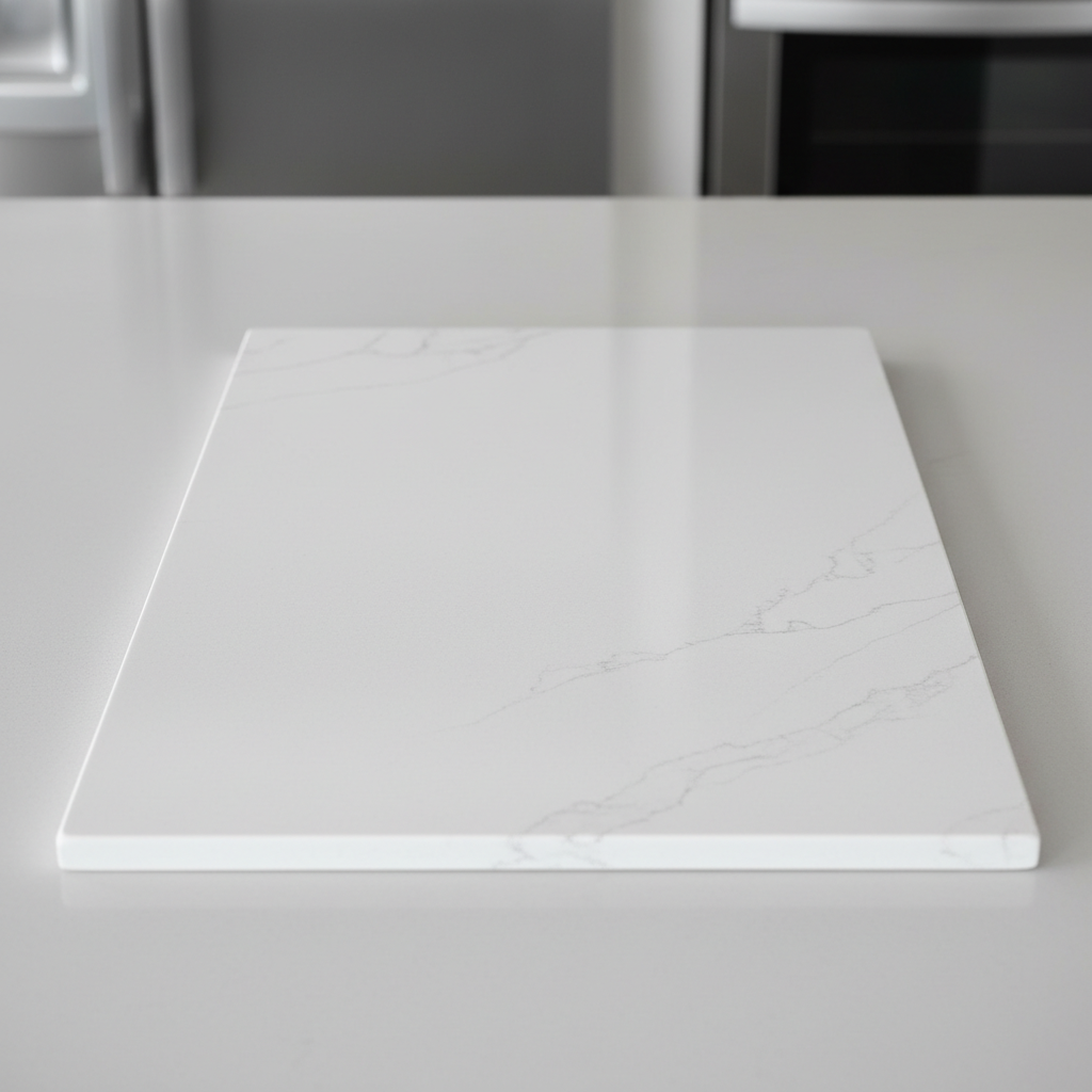 Azulejo efecto granito blanco ártico 600x1200mm con vetas sutiles grises, acabado pulido, instalado en baño de diseño minimalista con bañera exenta