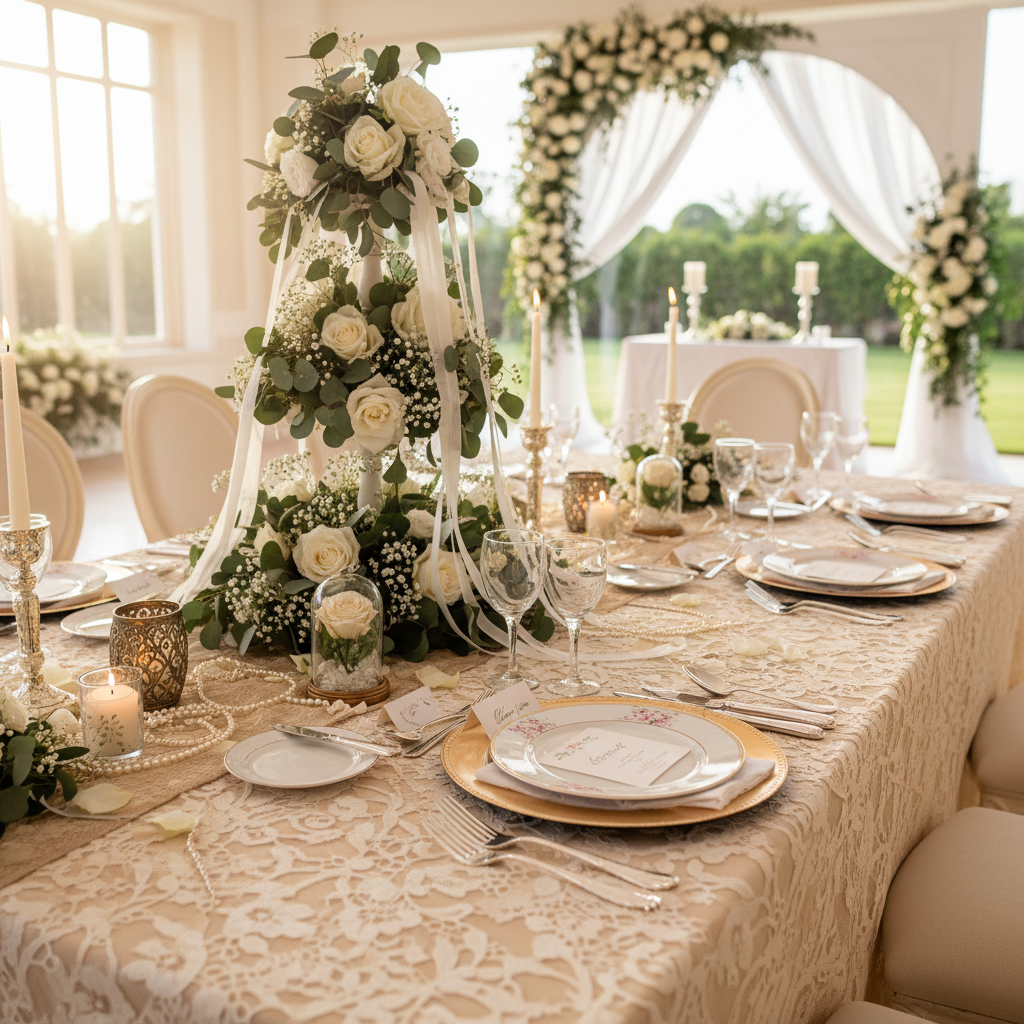 Mesa decorada con candelabros de cristal y arreglos florales blancos para boda