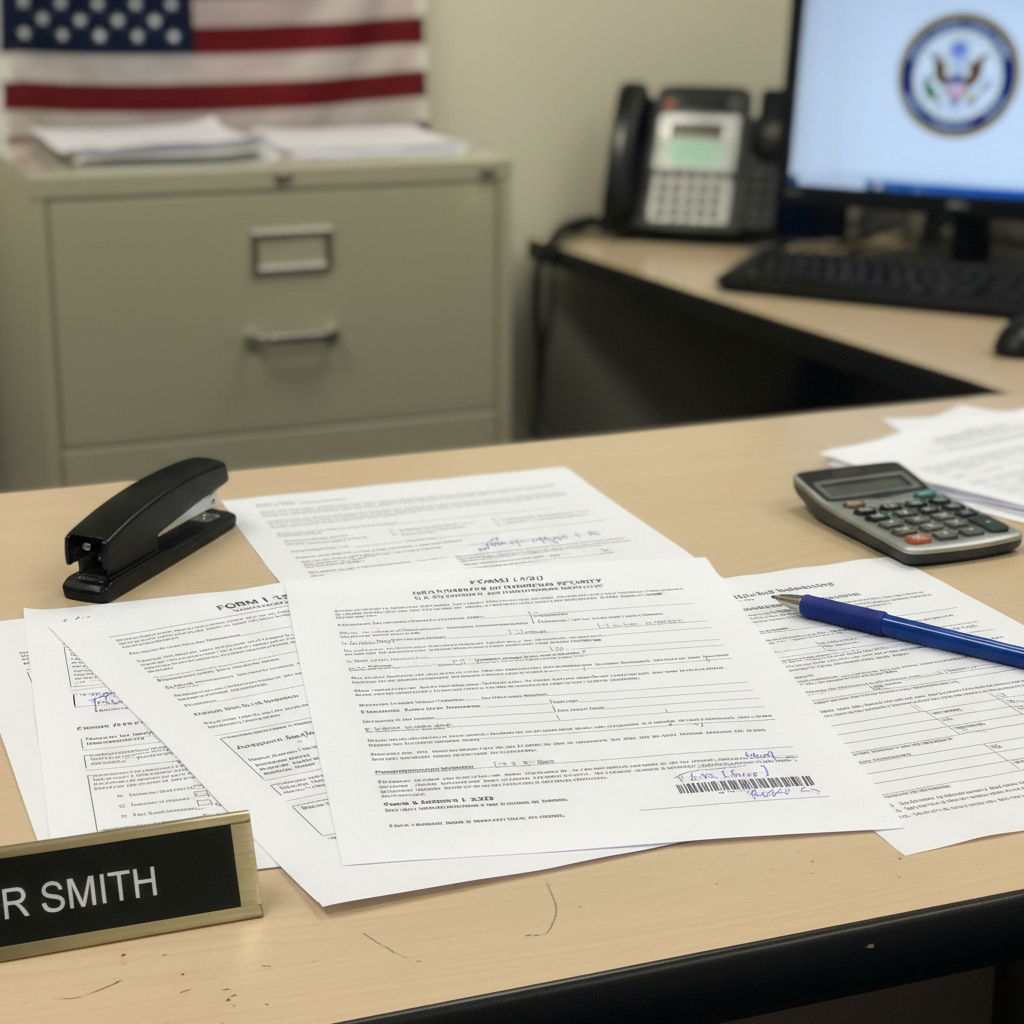 Family reunion documents and I-130 petition forms on a government office desk