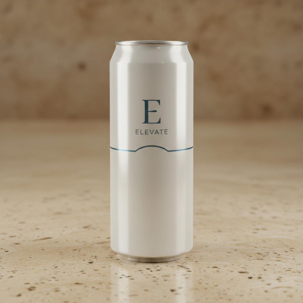 Tall slim energy drink can with minimal labeling photographed on travertine tile