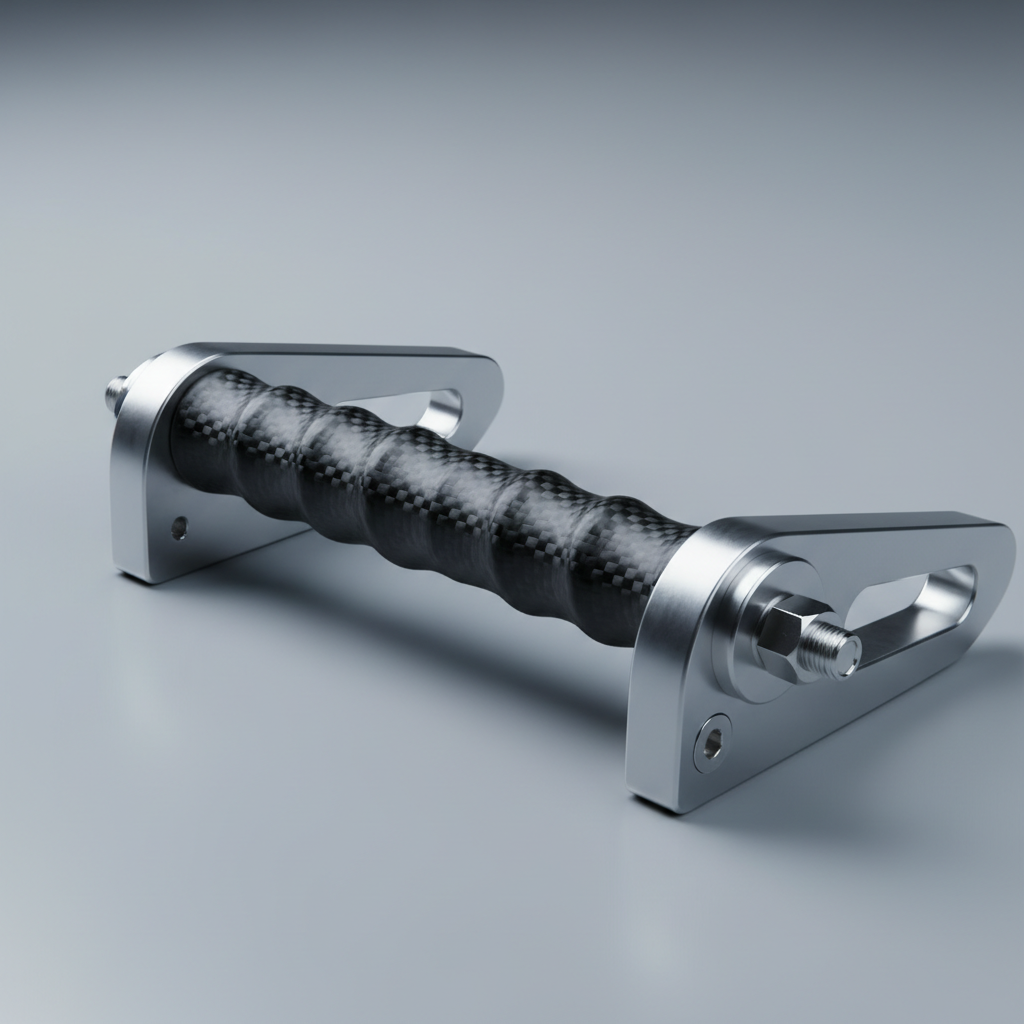 Bobsled push bar with carbon fiber grip tape and titanium hardware, close-up on ergonomic handle