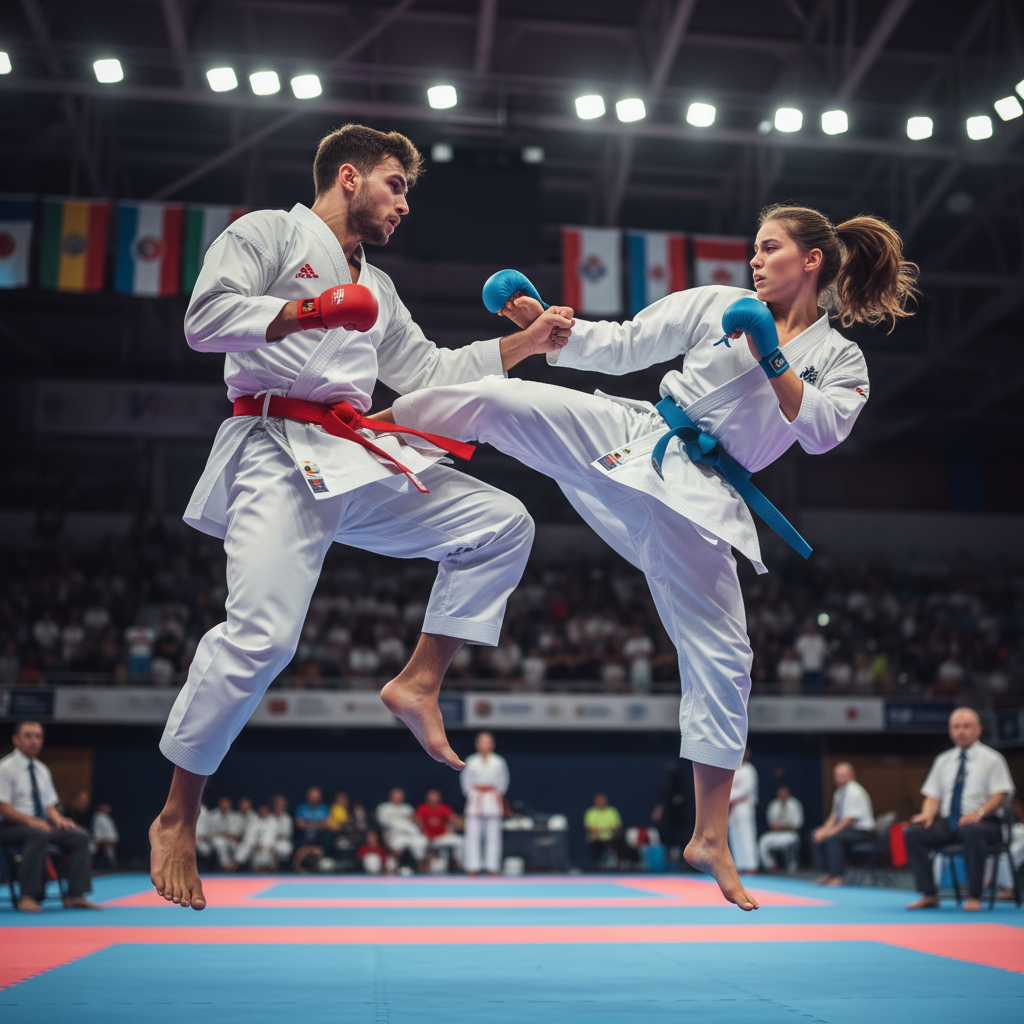 Two karate students sparring in kumite match with referee
