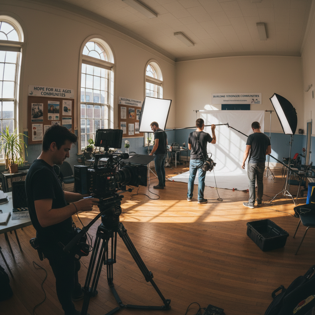 Behind-the-scenes filming of nonprofit documentary, camera crew in community center