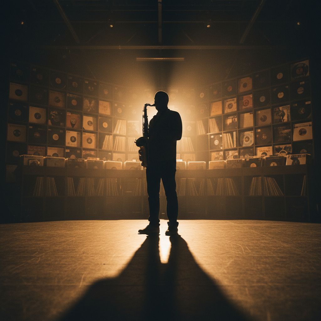 Jazz musician silhouette with warm stage lighting and record collection behind