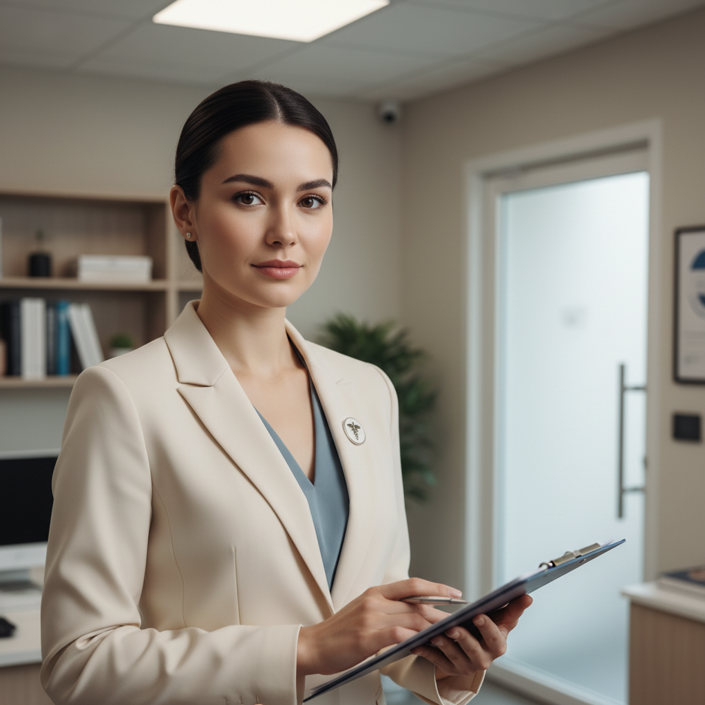 Professional business person reviewing bulk order clipboard in well-lit modern office