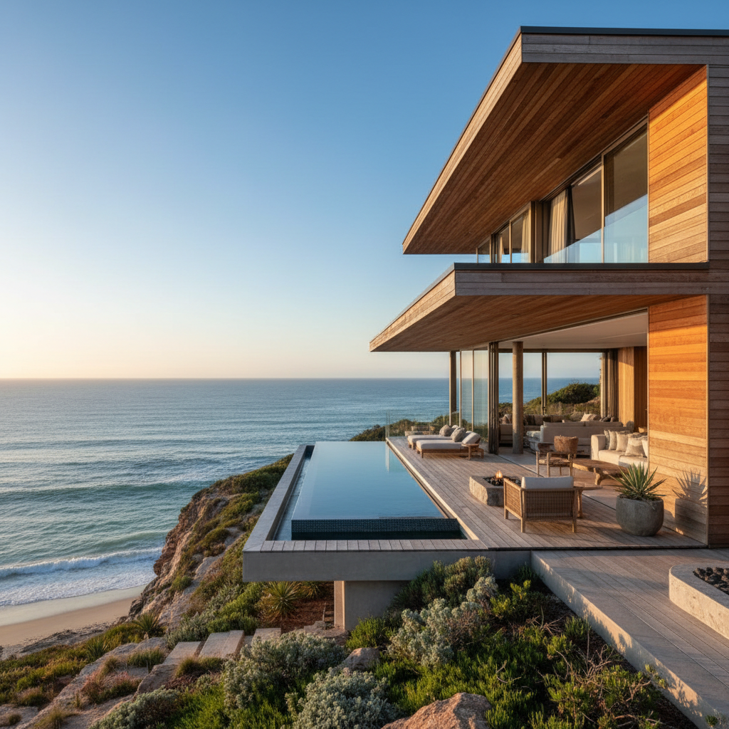 Luxurious South African home with pool, bright sunny afternoon, lush garden, architect-designed exterior — warm bright well-lit environment