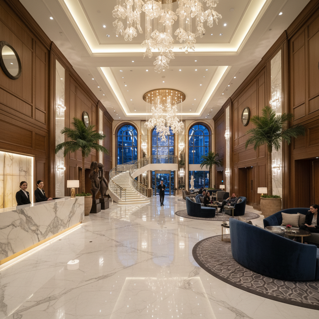 Hotel lobby with grand decorative ceiling beams, high ceilings, luxury architectural detail