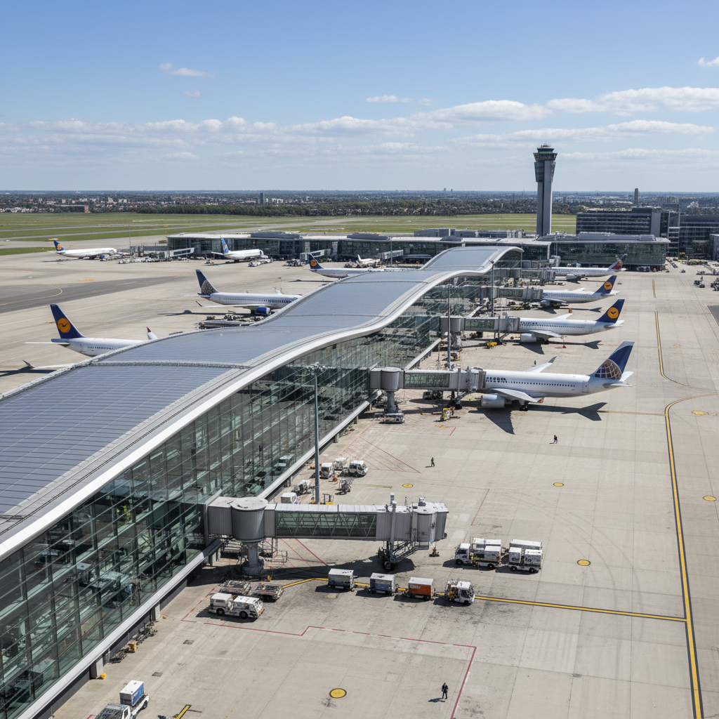 Aerial view of airport terminal with multiple aircraft parked at gates